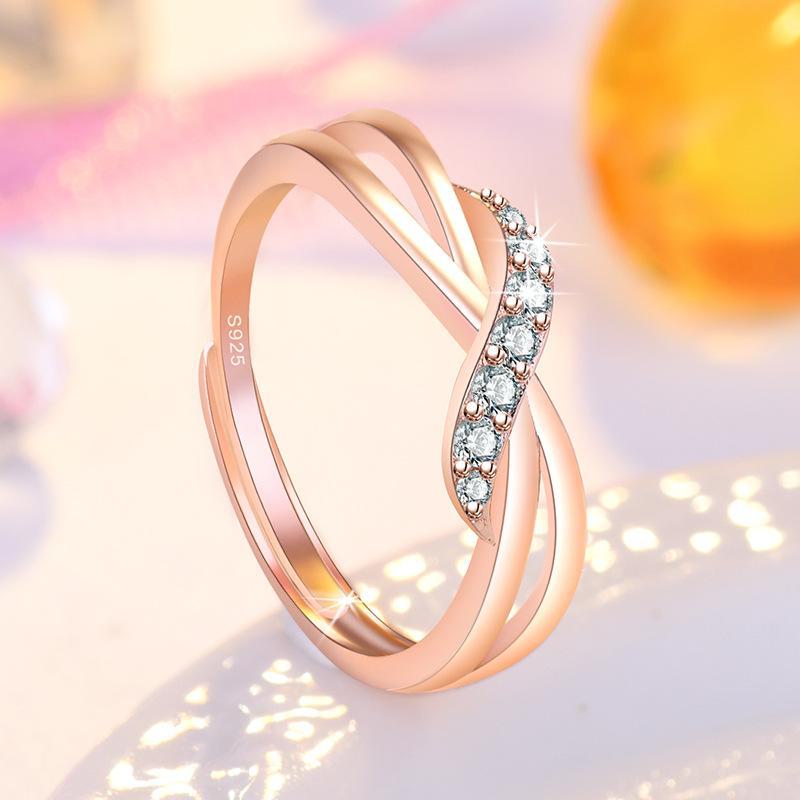 Korean Rose Gold Plated Wave Diamond Ring, Colorful Twist Curve Design for Women, Ideal for Weddings and Special Occasions