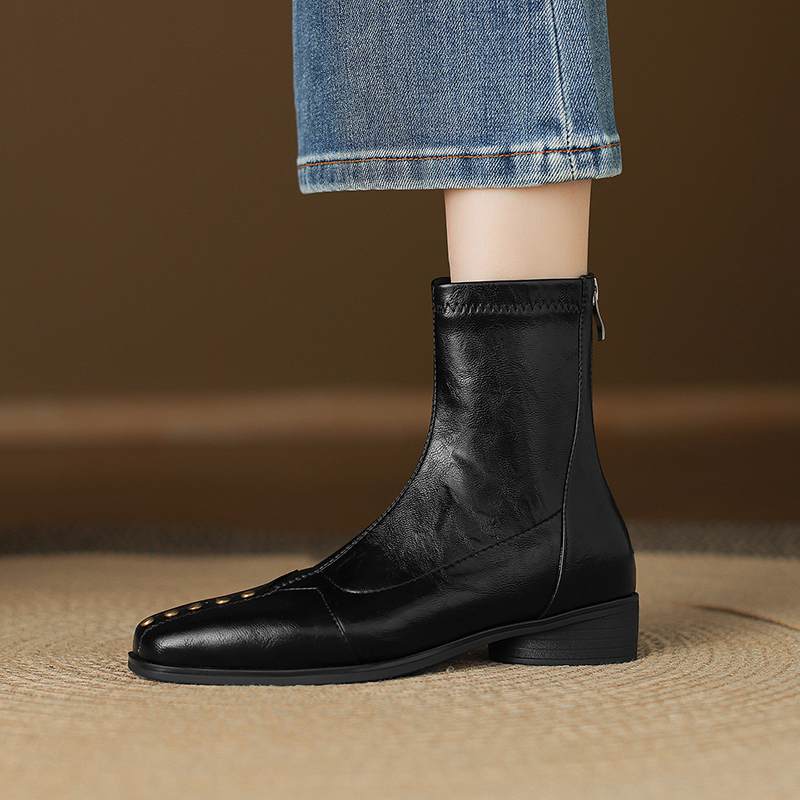 Krazing Pot Зимние ботильоны из микрофибры с квадратным носком, современный размер 33, размер 43, металлические заклепки, средний каблук, на молнии, женские ботильоны