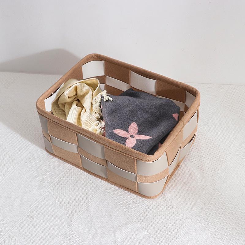 Черно-белая плетеная клетчатая корзина для хранения - Скандинавская кожа и войлочный контейнер для косметики и организации дома