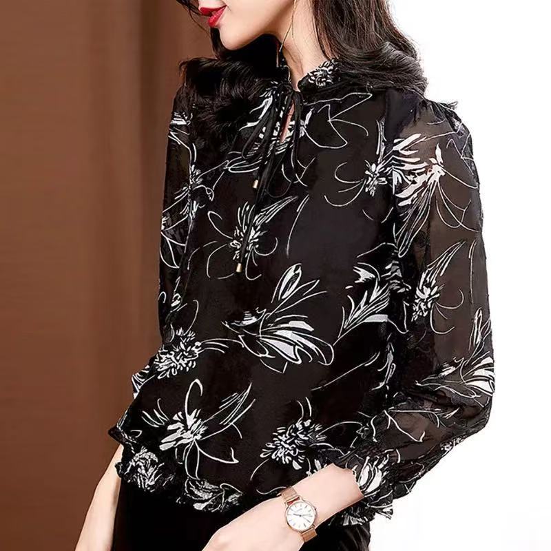 Повседневная шифоновая рубашка для женщин, свободная футболка с цветочным принтом