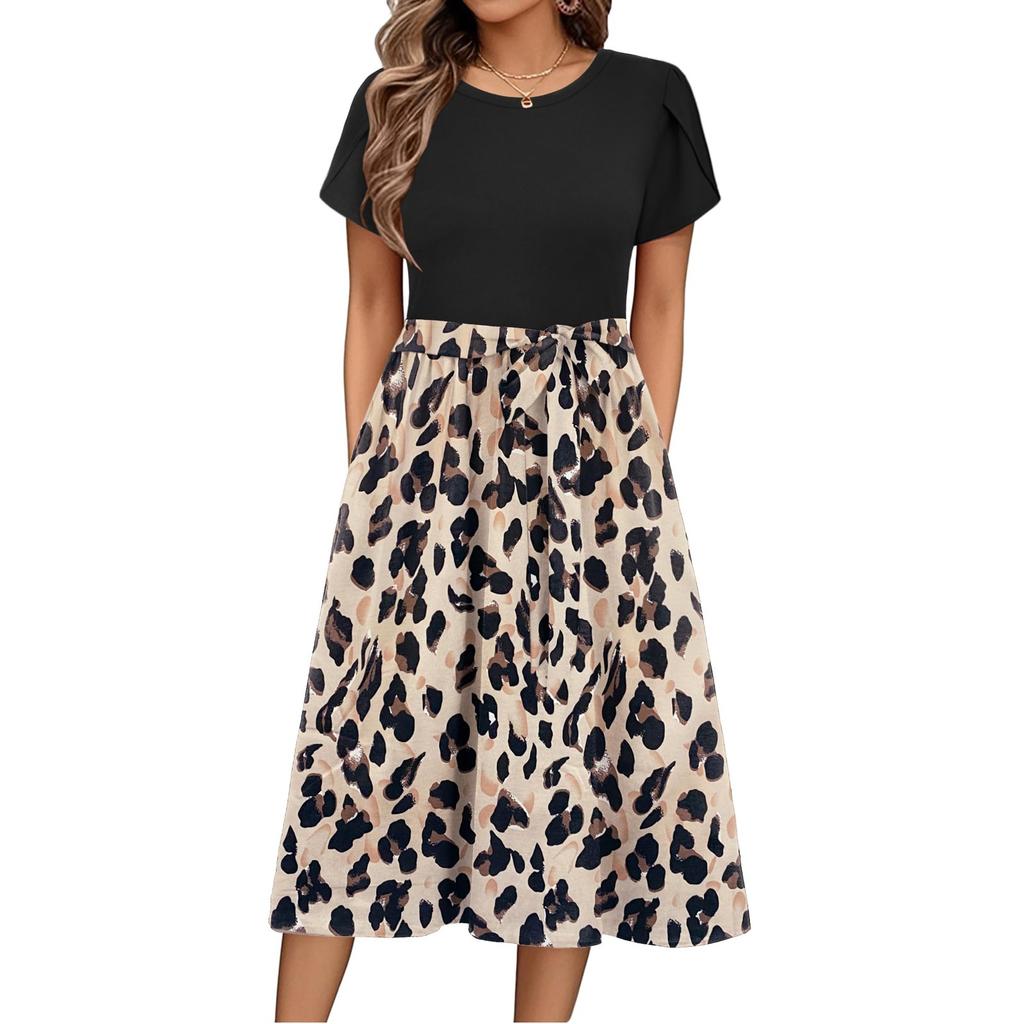 Женское повседневное платье миди с милым узором и круглым вырезом, классическое повседневное свободное платье с коротким рукавом