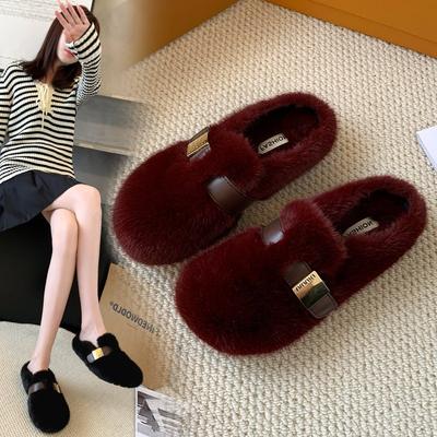 Тапочки Mao Mao, женская одежда 2024 года, новые осенне-зимние тапочки с одной педалью из норки и плюша, хлопковые полутапочки с накладным носком
