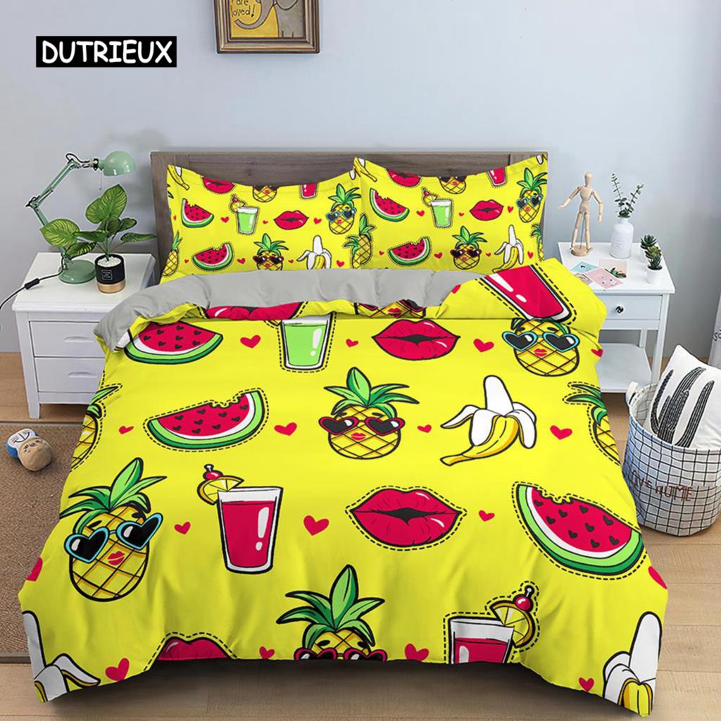 Ананасовый пододеяльник, комплект постельного белья размера Queen, детский комплект постельного белья с разноцветным рисунком ананаса для девочек и подростков, комплект постельного белья с фруктами из полиэстера