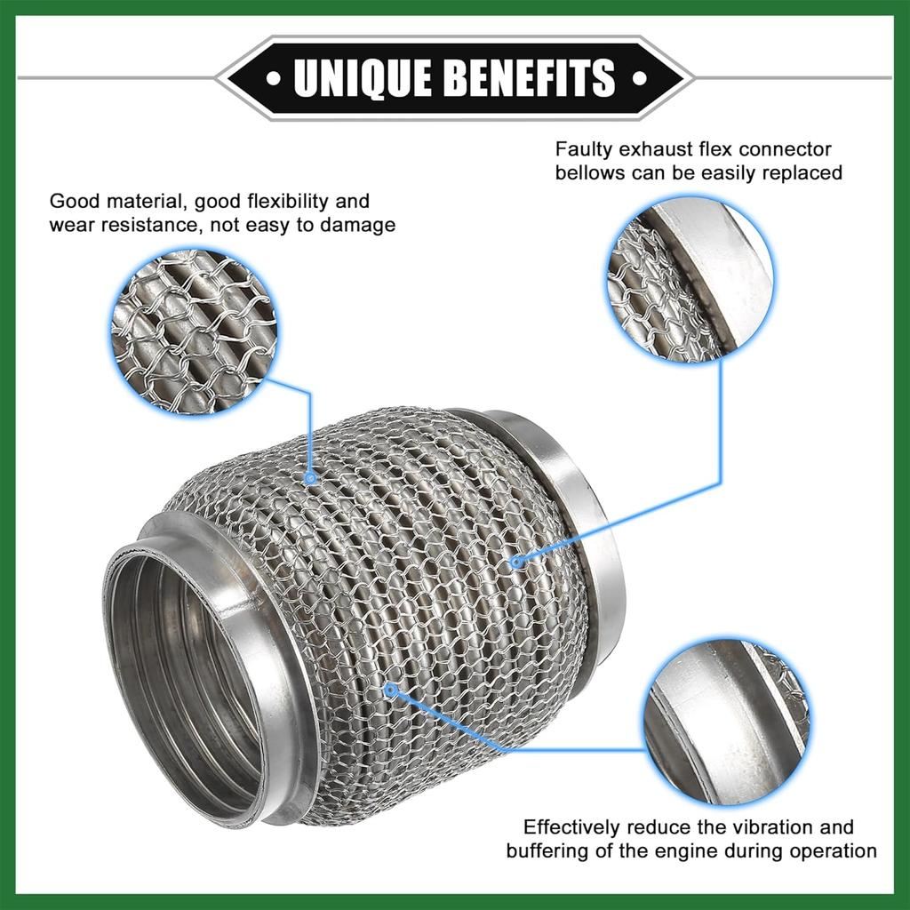 Motoforti Car Exhaust Flexible Pipe, 63x102mm 2.48"x4.02" Exhaust Flex Connector Pipes Bellows Universal for Car Durable Stainless Steel Silver Tone