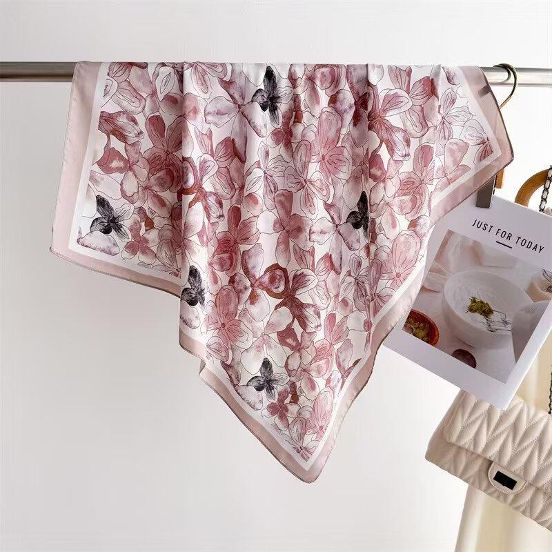 68cm Watercolor Four-leaf Flower Pattern Scarf Women's Spring and Summer New Imitation Silk Scarf Fashion Shawl Headscarf Scarfs