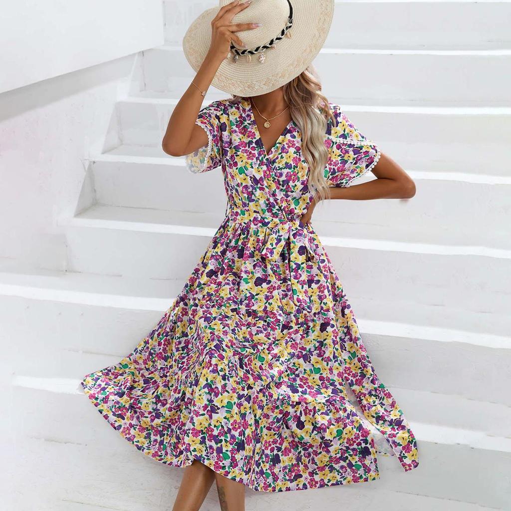 Женское летнее платье с короткими рукавами и высокой талией в этническом стиле на шнуровке