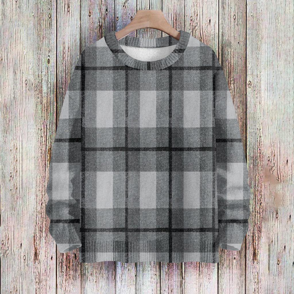 Women's Fashionable Casual Long-sleeved Checkered Printed Round-neck Sweater Knitted Top