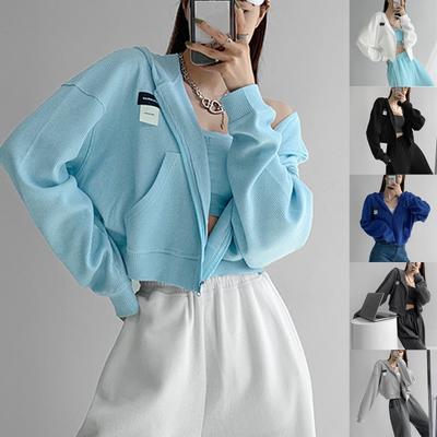 Женская мода однотонная куртка с длинным рукавом карман свободный с капюшоном короткое пальто на молнии