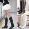 3 Colors Women's Fashion Knee High Boots Vintage British PU Leather Shoes Woman Low Heel Ladies Retro Buckle Long Boots Shoes