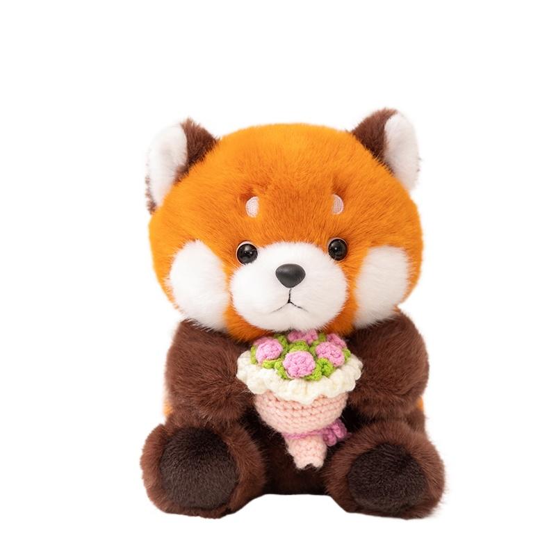 Cute Red Panda Hug Flower Bouquet Stuffed Animals Raccoon Plush Toy Groundhog Plushie Toy Valentine's Day Gift Confession Gift