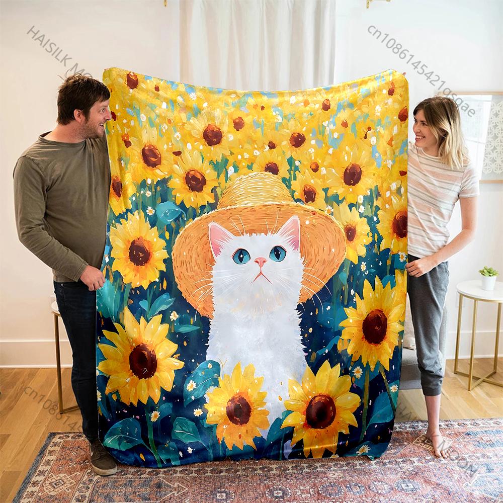 1PC Dreamy Sunflower Cat Print Adult Children Warm Blankets Home Travel Car Soft and Comfortable Suitable for all seasons