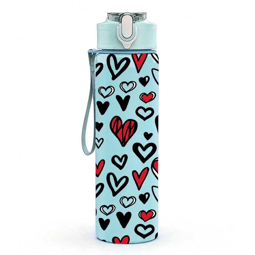 1PC Red Black Heart Love Seamless Print 750ml Color Plastic Sports Water Bottle Leakproof Flip Straw Lid Suitable for Sports Office Home Use