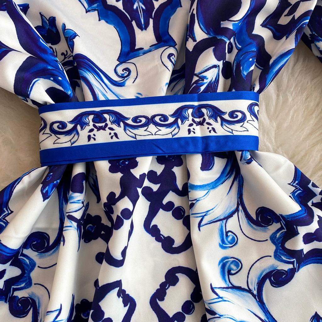 Весна-Осень, желтый, красный, синий и белый фарфоровый халат с принтом, женские вечерние платья с расклешенными рукавами и поясом на шнуровке