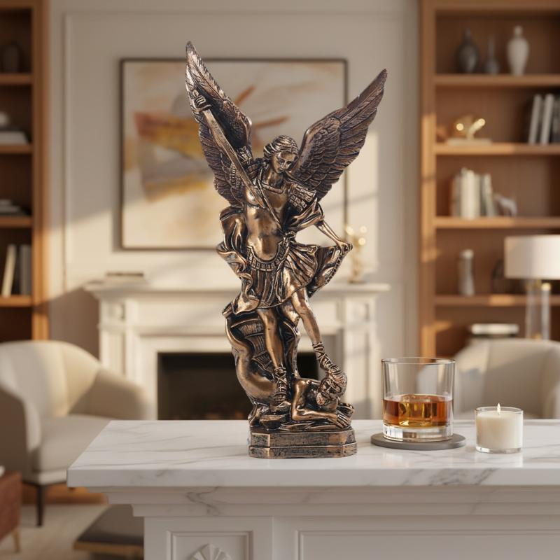 Retro Bronzed San Miguel Arcangel Statue Resin Saint Michael Angel Figurine Home Desktop Blessing Decoration Ornament