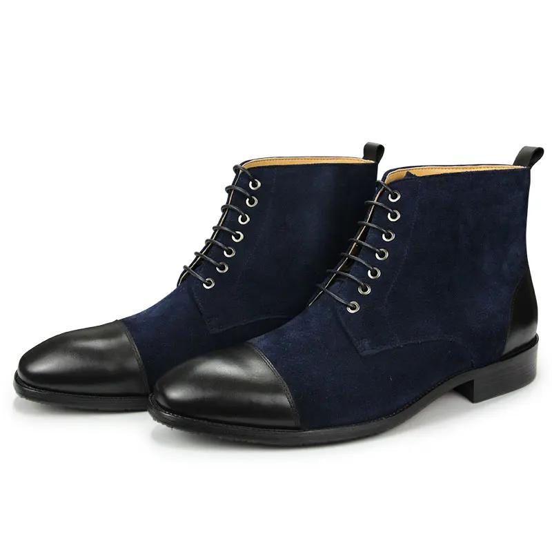 Men Boots 2024 New Fashion Dress Shoes Handmade Suede Genuine Leather Patchwork Ankle Lace Up Workplace Office Pointed Footwear