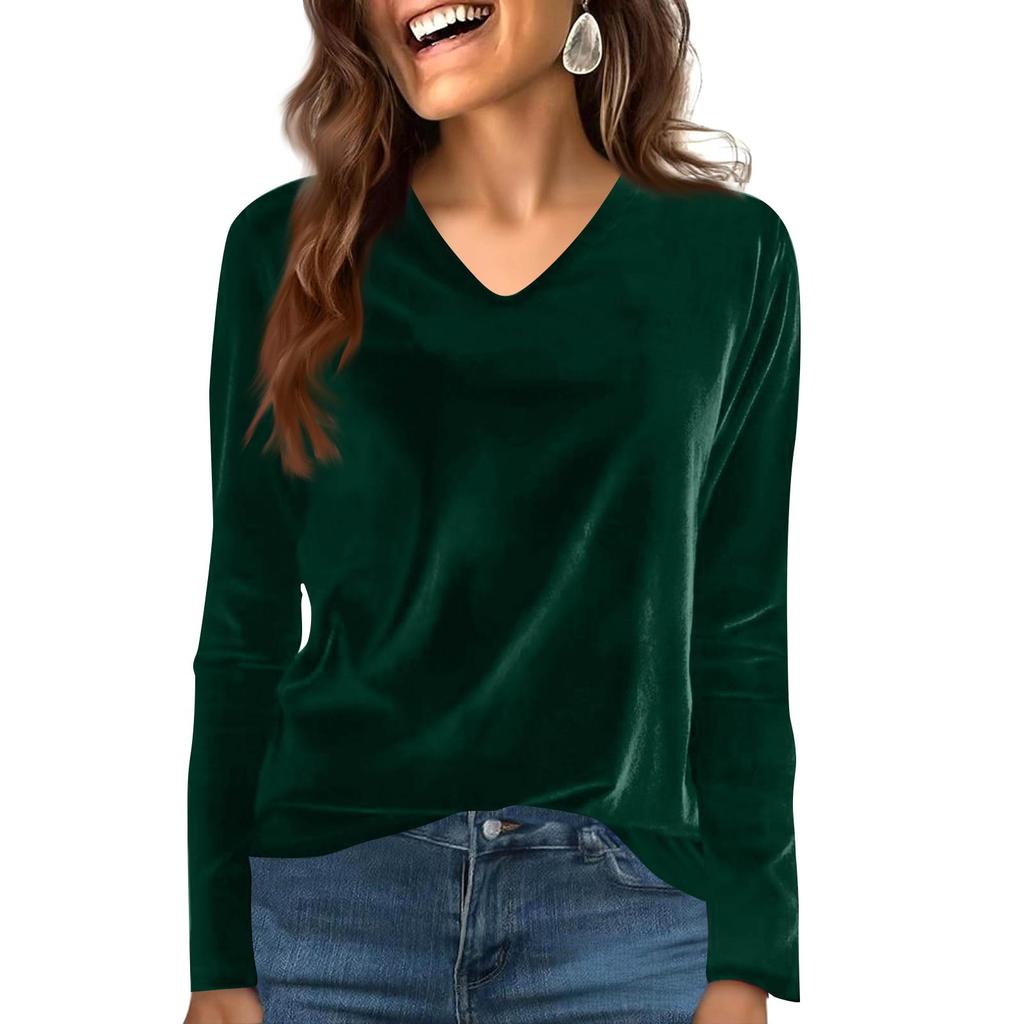 Women's Fashion Casual Velvet Solid Colour V-Neck Long-Sleeved T-Shirt Top
