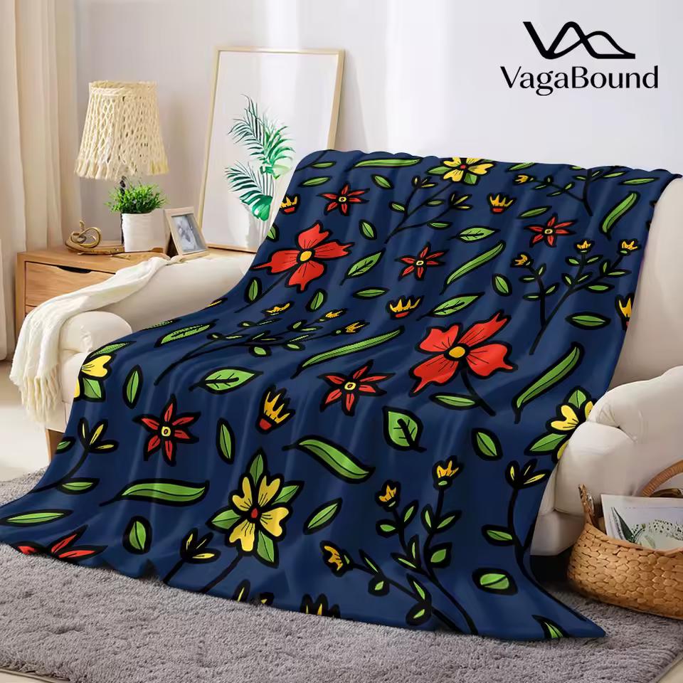 Navy Retro Cartoon Flower Flannel Blanket Warm Soft Halloween Christmas Decorative Couch Warm Cozy All-Season Gift