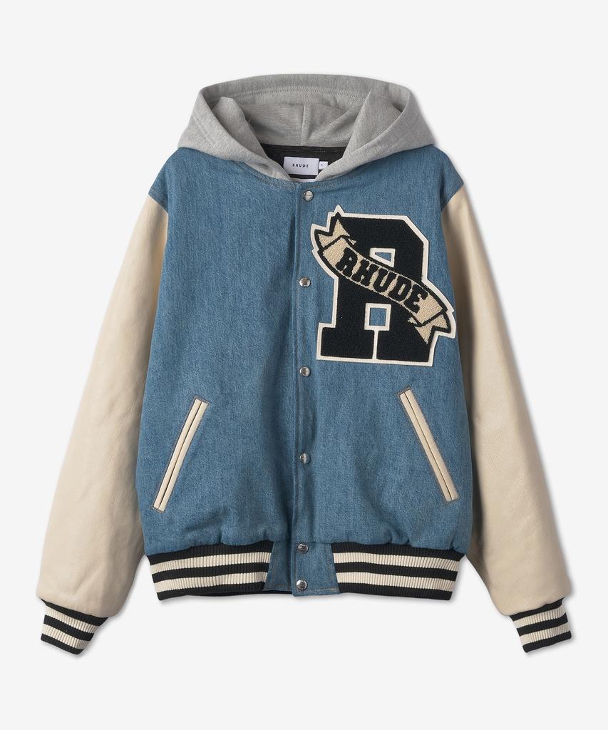 Lude Washed Denim Hooded Varsity Jacket - Indigo:Cream / Rhfw22Ja406240501050