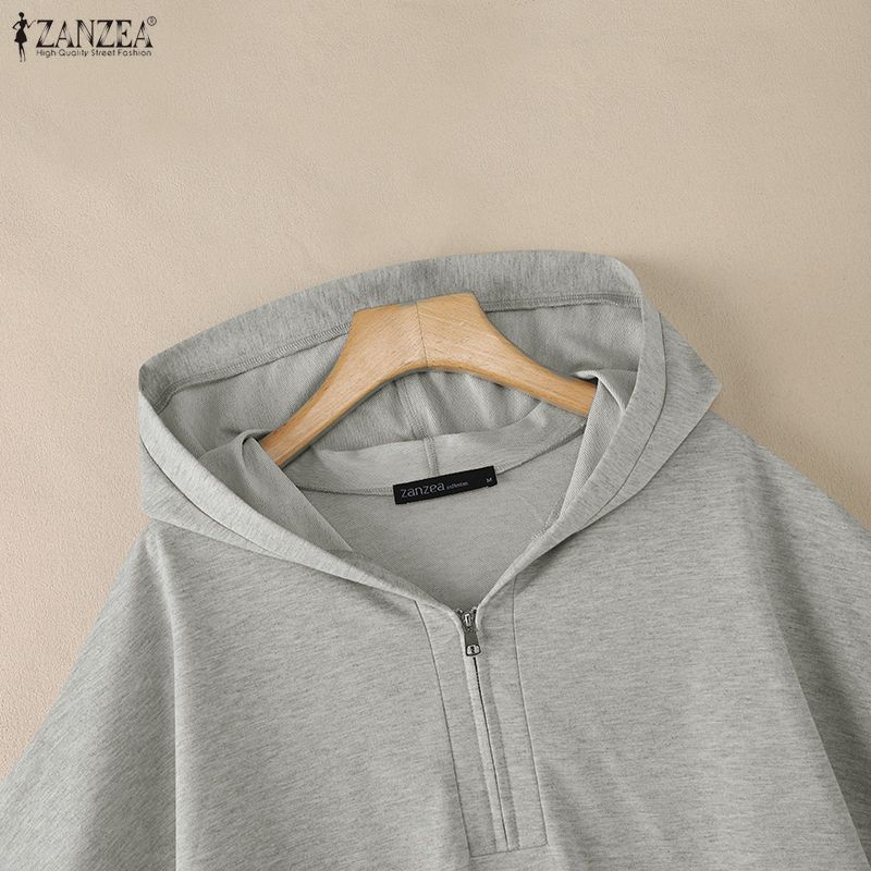 ZANZEA Женские однотонные футболки с капюшоном, коротким рукавом и молнией, с асимметричным подолом