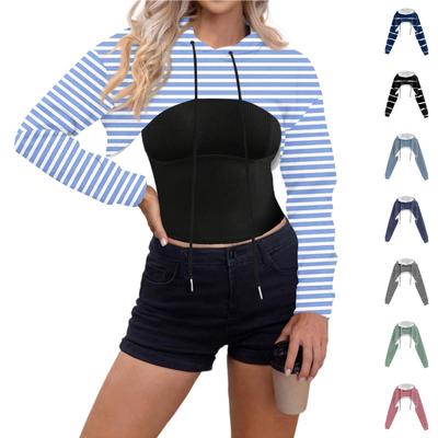 Женский топ-пуловер, ультракороткая толстовка с принтом, длинный рукав, толстовка с капюшоном и завязками