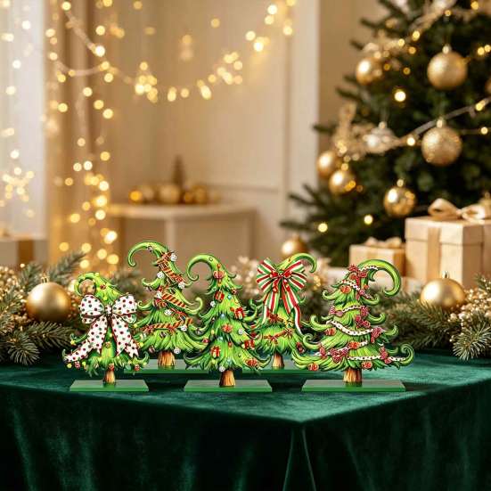 Wooden Christmas Craft Ornaments 5 Pcs Tabletop Tree Signs, Rustic Standing Green Table Centerpieces Desktop Ornament with Curly Topper for