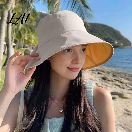 Summer Beach Hat Women Sun Hat Back Bowknot Fisherman Wide Brim UV Protection Lightweight Bucket for Outdoor Travel Hiking Fishing Use Casual