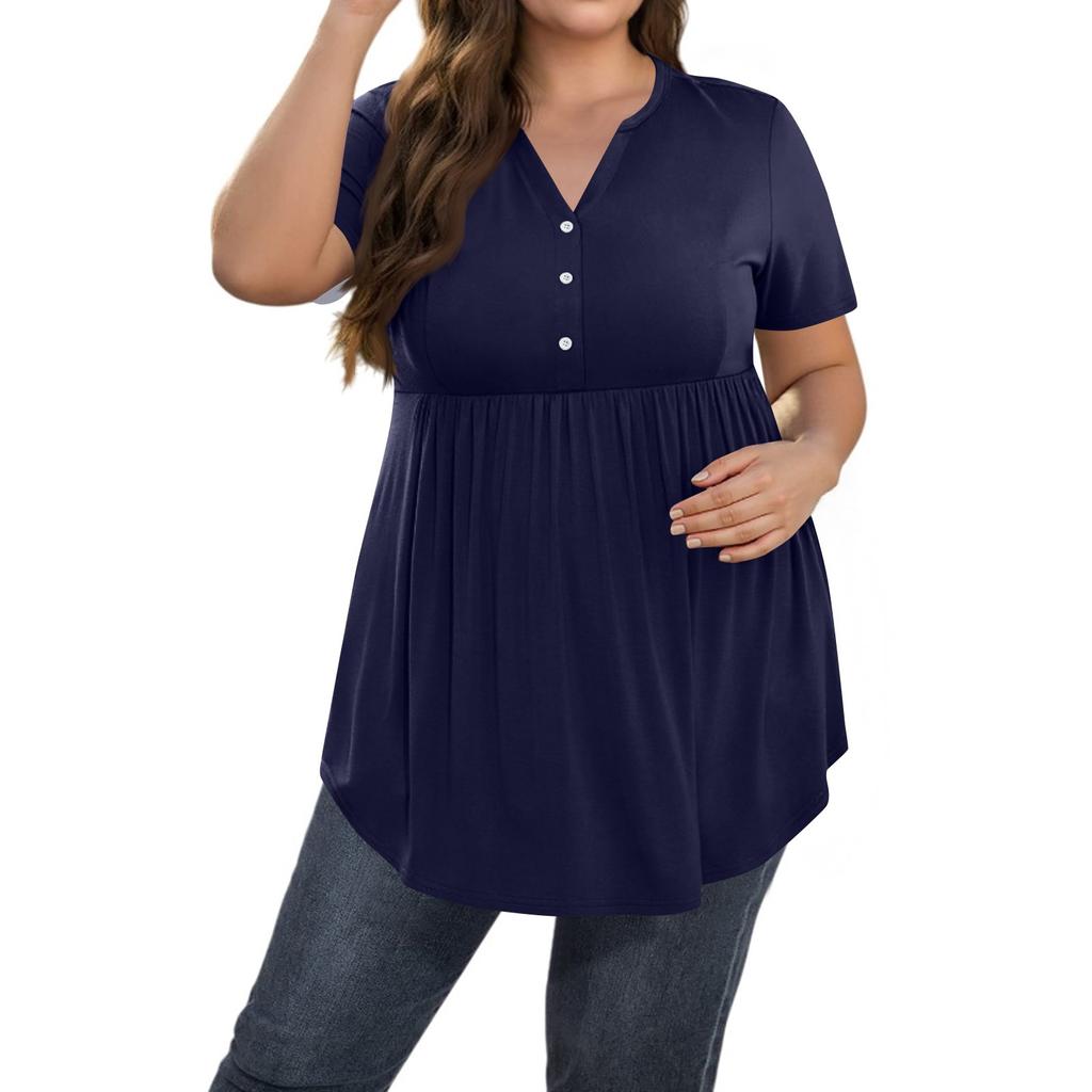 Women's Solid Color Large Size V Neck Button-Up Top Casual Short Sleeve Flowy Top