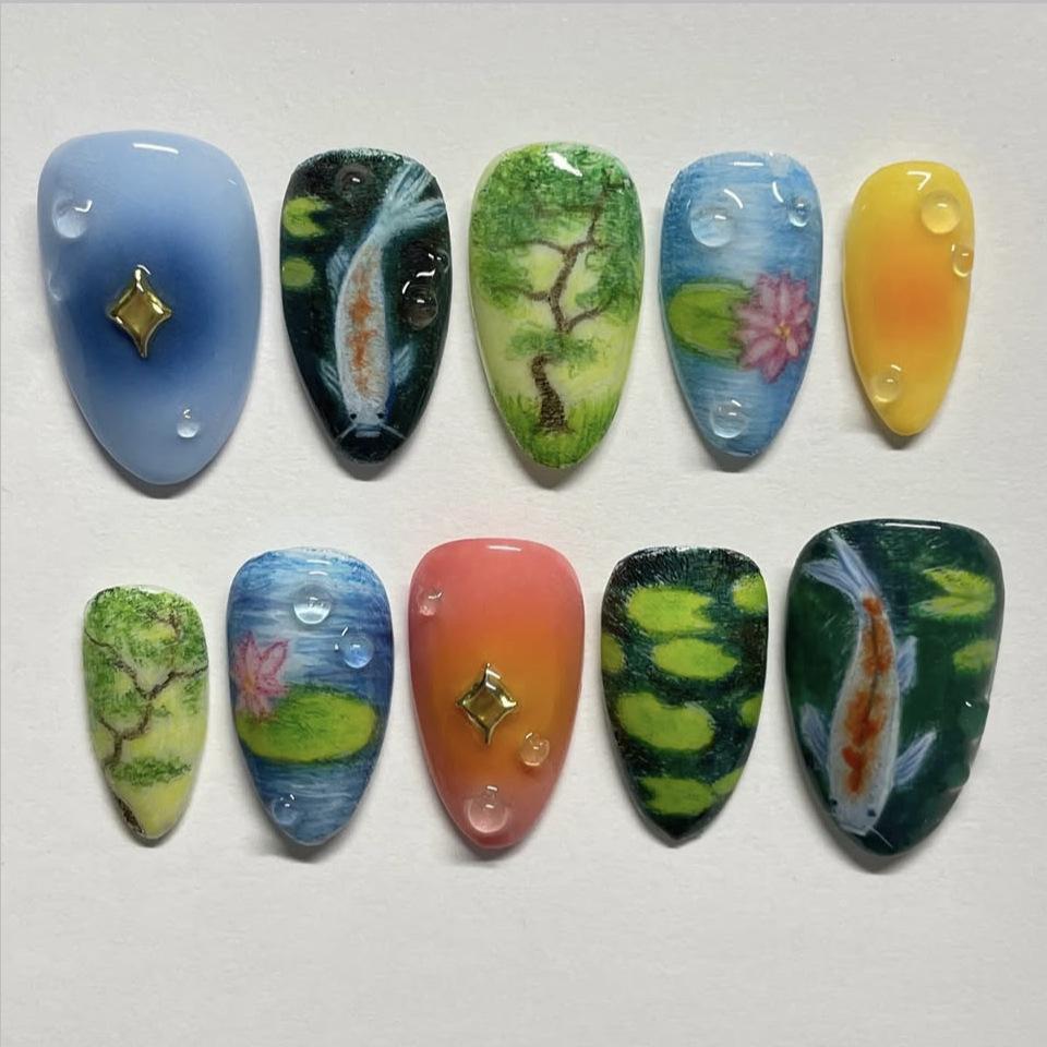 24Pcs Forest Adventure Press On Nails Short Almond Fake Nails With Fox Mushroom Butterfly Apple Designs For Women