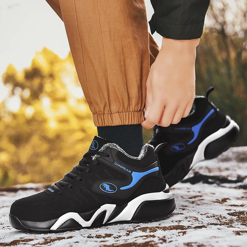 Модные зимние сноубутсы для улицы Мужская рабочая обувь с мехом Теплые ботильоны для улицы Нескользящие Мужские хлопковые ботинки Мужские водонепроницаемые сноубутсы