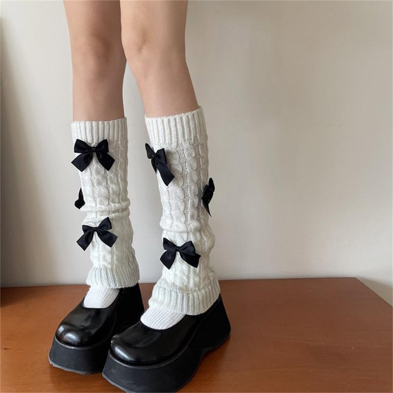 Womens Girls Japanese Cable Knitted Stretch Leg Warmers Sweet Bowknot Accent Leg Covers Footless Boot Socks Streetwear
