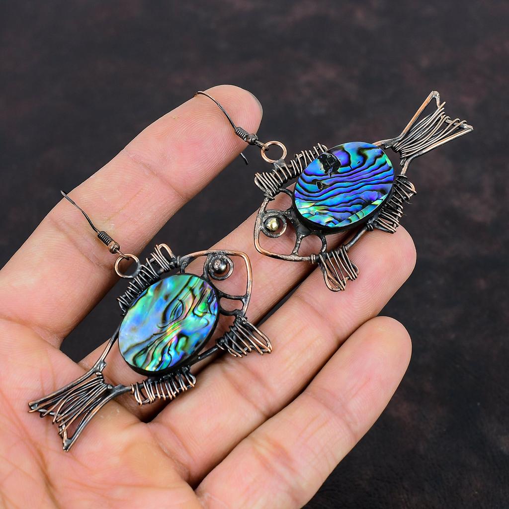 Серьги в виде ракушек из ушка, серьги из медной проволоки, серьги ручной работы с драгоценными камнями, ювелирные изделия из ракушек из ушка, серьги в форме рыбы, медные ювелирные изделия, подарки для нее