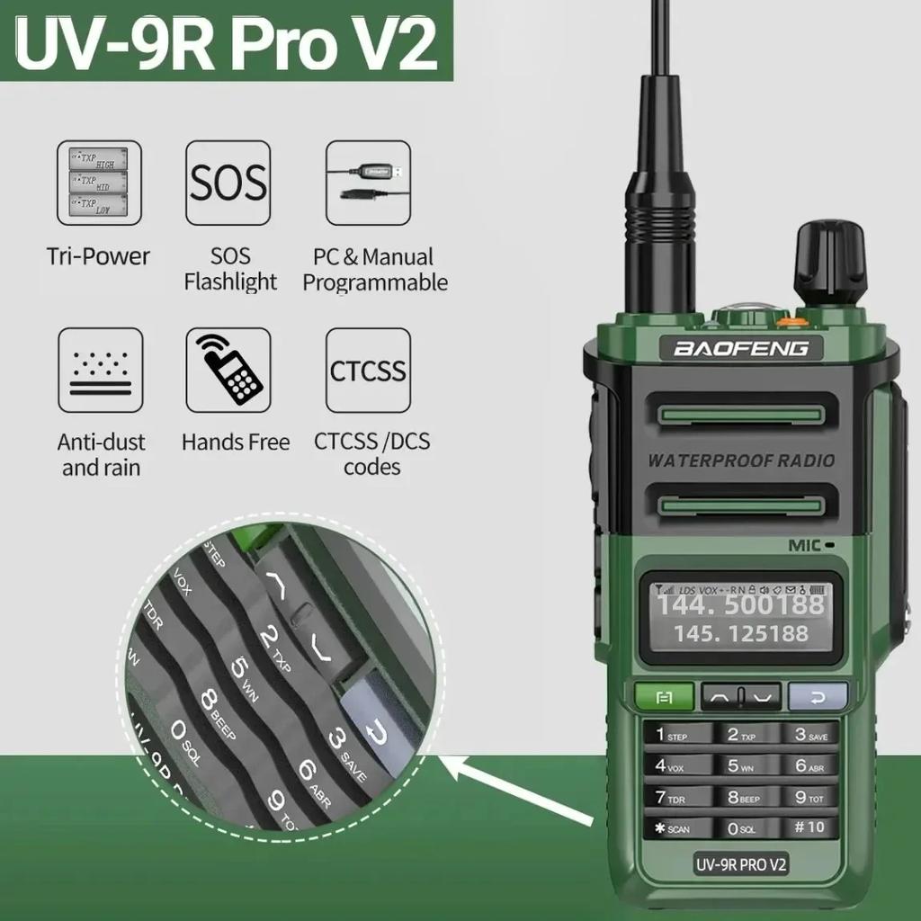 BAOFENG UV 9R Pro V2 IP68 Водонепроницаемая Рация Трехмощная Зарядка Type-C Двухдиапазонная Любительская CB Радиостанция Двусторонняя Радиостанция UV 9R Plus