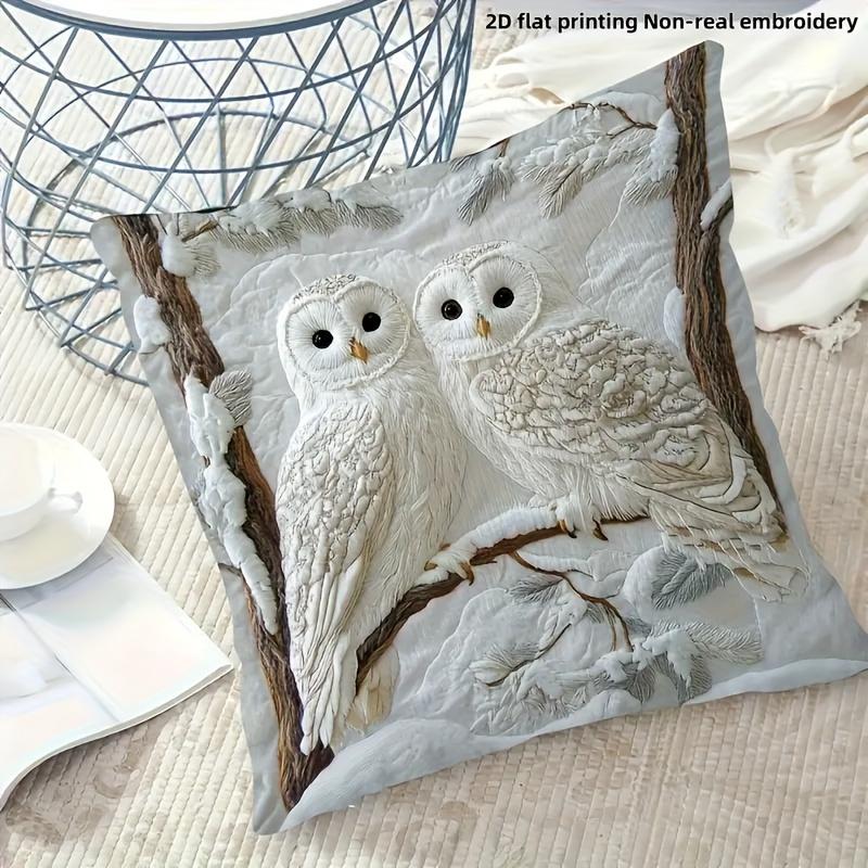 2D Snowy Owl Couple Pillow Cover Winter Forest Owl Print Cushion Case For Sofa Couch Boho Animal Lover Home Decor