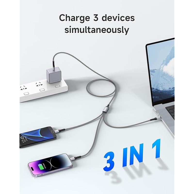[100W]NINGKPOW 3in1 Charging Cable 1.2M Multi Type C PD 100W Fast Charging 3 In 1 Charging Cord Can Power 3 Units Simultaneously (100W) Lightning