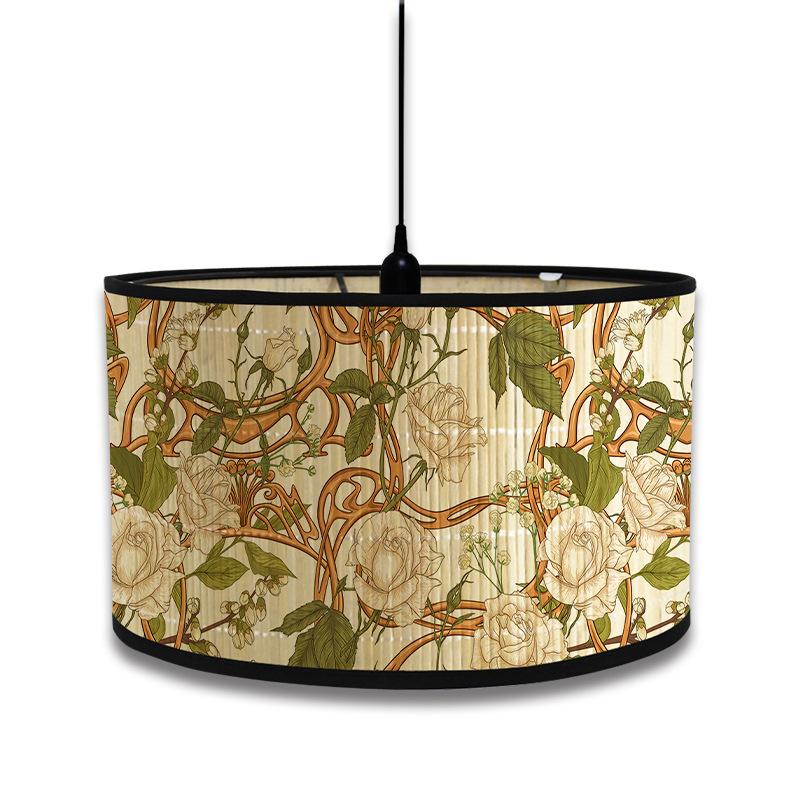 Абажур в скандинавском стиле с зеленым растительным узором, абажур из бамбука, люстра для кафе, декор в стиле ретро для домашнего проживания, подвесной светильник