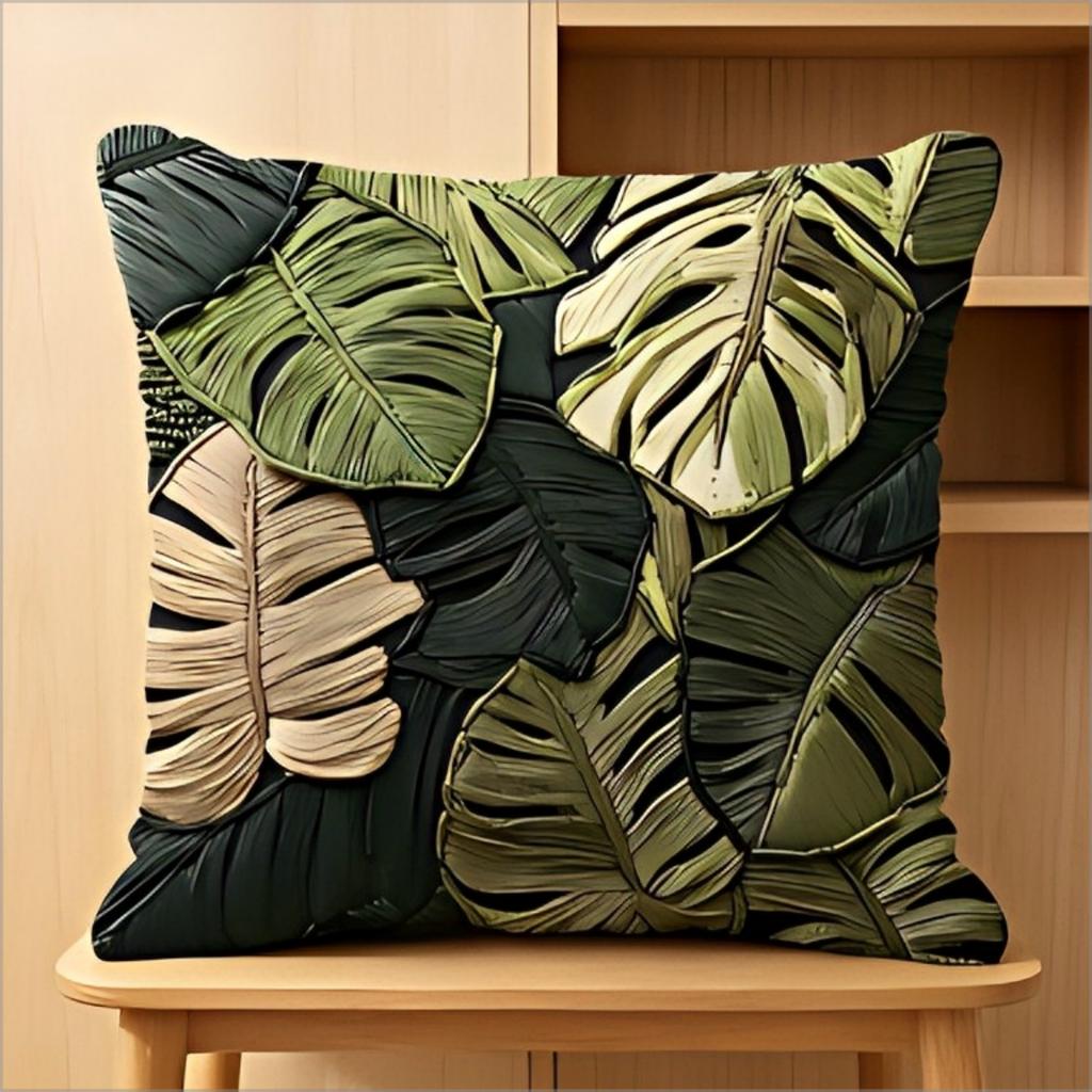 Tropical Monstera Leaf Pillow Cover 2D Embroidered Print Boho Botanical Cushion Case For Sofa Bed Couch Cozy Jungle Home Decor