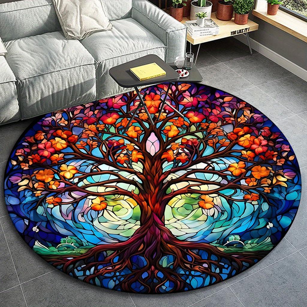 1pc Color Natural Life Tree Pattern Pattern Round Floor Mat, Non-slip for Living Room Bedroom Chair Carpets Home Decor Gifts, Home Decor Roo