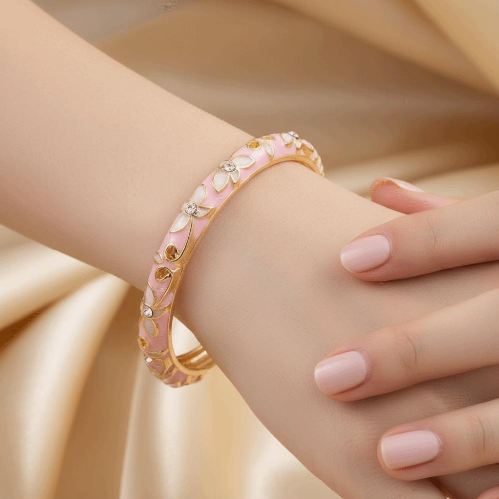 Lightweight Metal Cloisonne Floral Bangle Rhinestone Thin Bracelet  Holiday Presents