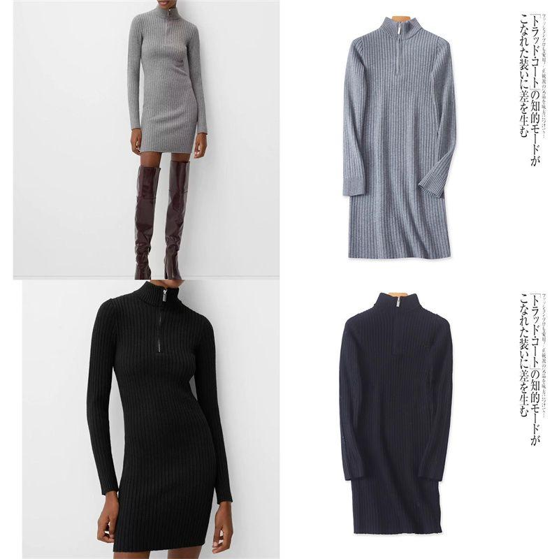 Foreign Trade European and American Single Women Knitted Skirt 2025 Spring New Half-high Collar Zip-up Slim Fit Slimming Dress