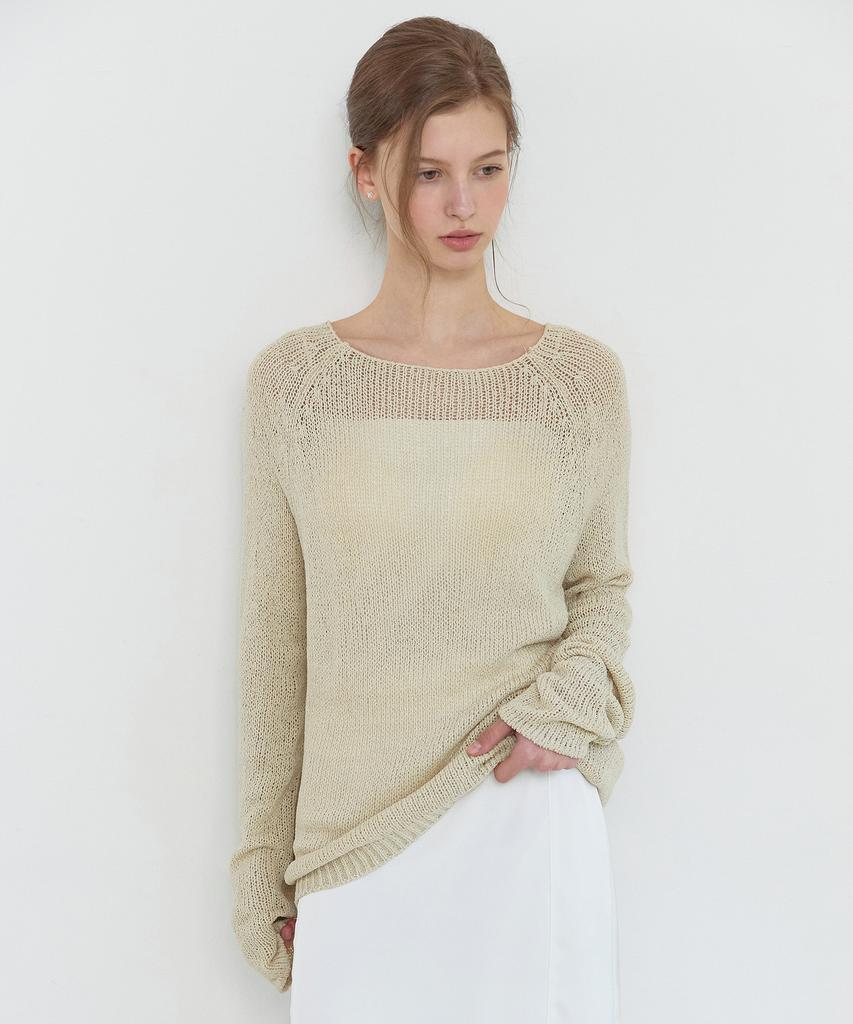 NONLOCAL Boat Neck Bookle Netted Knit Top - Light Beige