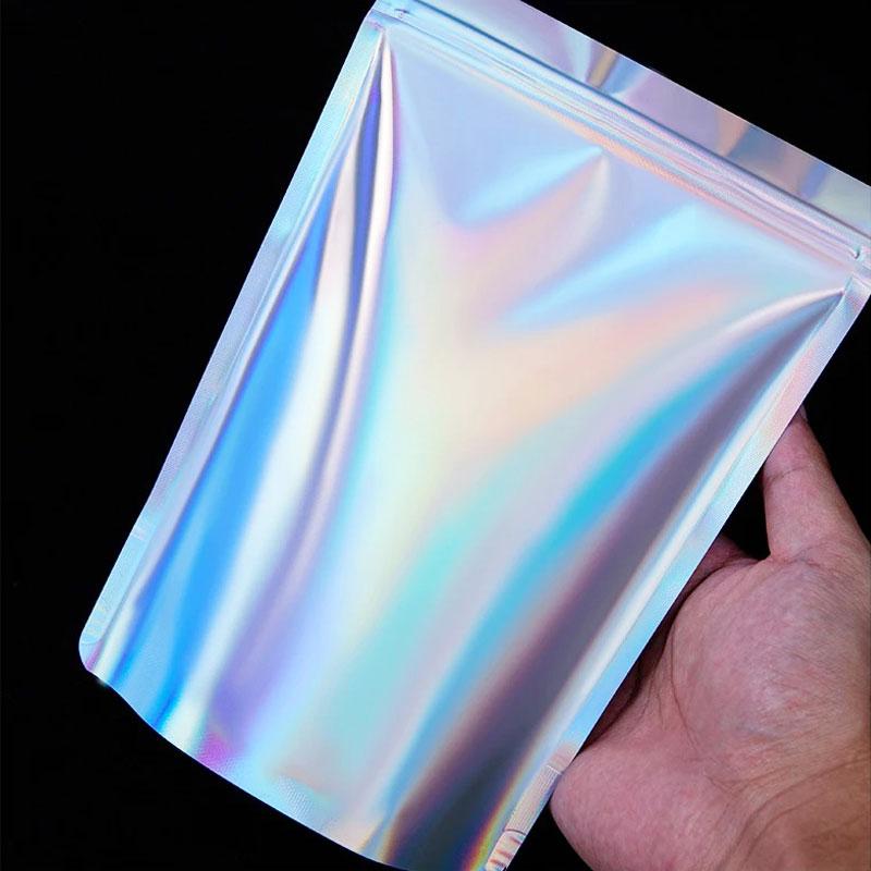 100pcs Laser Self Sealing Bag 0.14mm Aluminum Foil Self-supporting Sack with Window Nut Dry Flower Tea Sealed Packaging Pouch