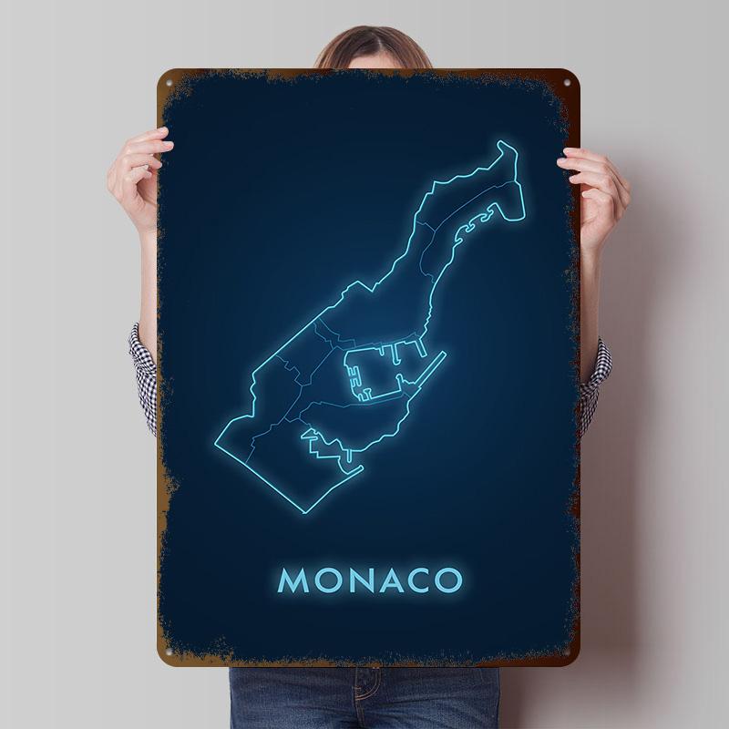 Monaco Map Neon Outline Printed Poster Customized Wall Art Retro Vintage Metal Tin Signs for Home Bedroom Decoration Living Room