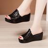 2025 New Platform Black Women's Sandals Leather Wedges High Heel Hollow Peep Toe Female Ladies Shoes Beach Slippers Rome Style