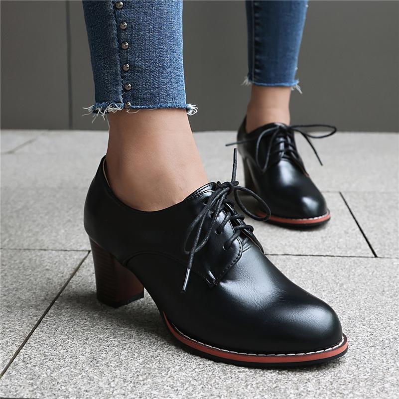 FOREADA Женские туфли-лодочки из искусственной кожи с круглым носком, на толстом высоком каблуке, на шнуровке, лаконичного дизайна, женская модная обувь, весна-осень, зеленые, черные, 44