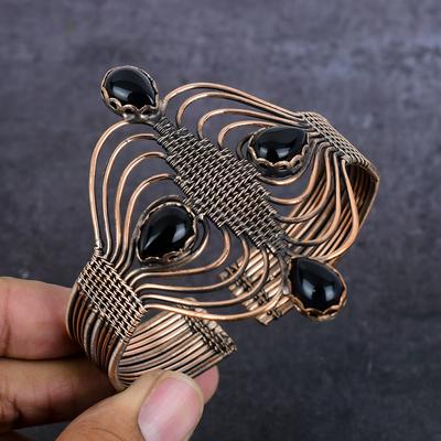 Браслет-манжета из натурального черного оникса с медной проволокой, регулируемый, w0G90