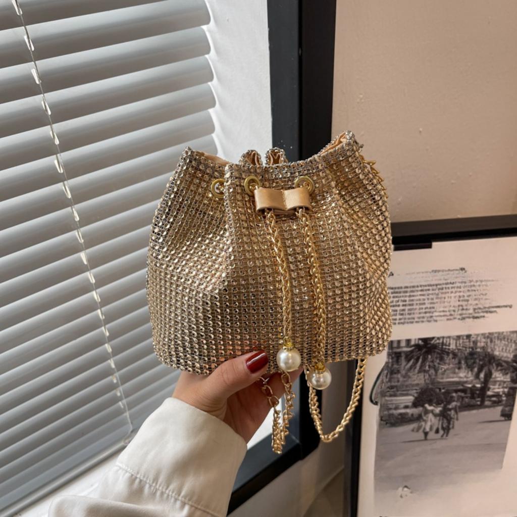 Bucket Bag Korean Version Western Style Chain Shoulder Crossbody, Armpit Water Drill Drawstring Bag