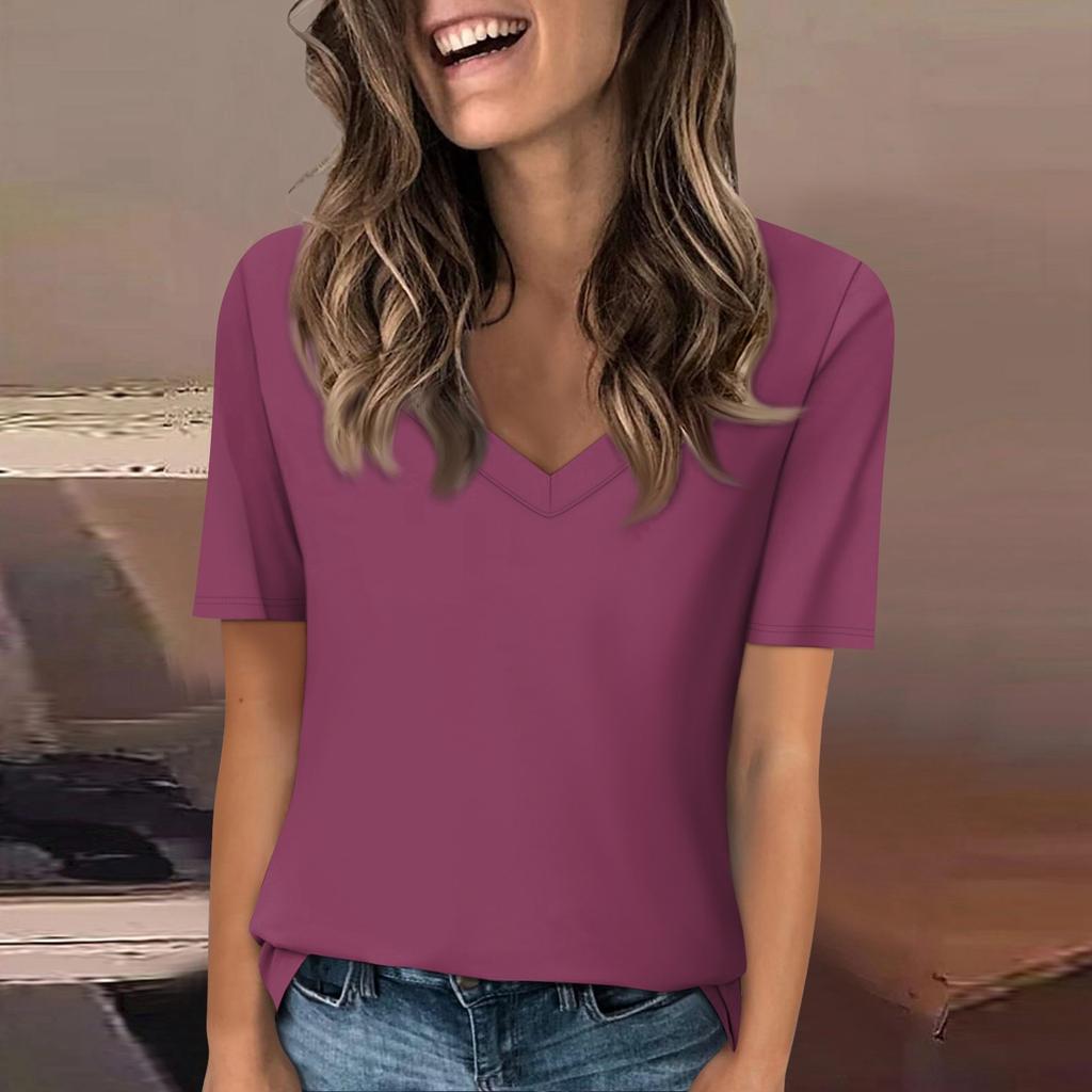 Женская футболка с v-образным вырезом, топ с короткими рукавами, повседневная однотонная футболка