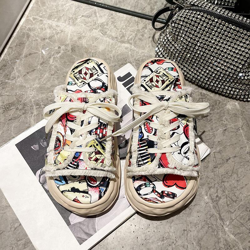 Дизайнерские летние женские тапочки на платформе, мюли с граффити, шлепанцы, уличные сандалии, сабо, повседневная обувь на плоской подошве для женщин