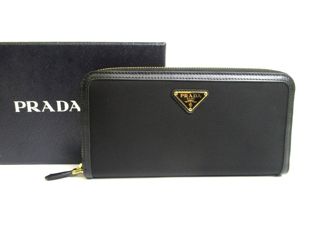 Authentic PRADA Black Nylon Leather Gold H/W Round Zip Long Wallet #a570 Open box