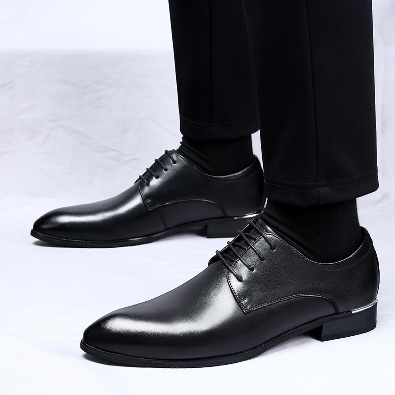 Spring Men's Korean Version Pointed Non Slip Small Leather Shoes Classic Black Lace Up Comfortable Business Casual Leather Shoes